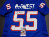 Willie McGinest New England Patriots Autographed & Inscribed Custom 1995-9 Blue Football Style Jersey w/JSA coa